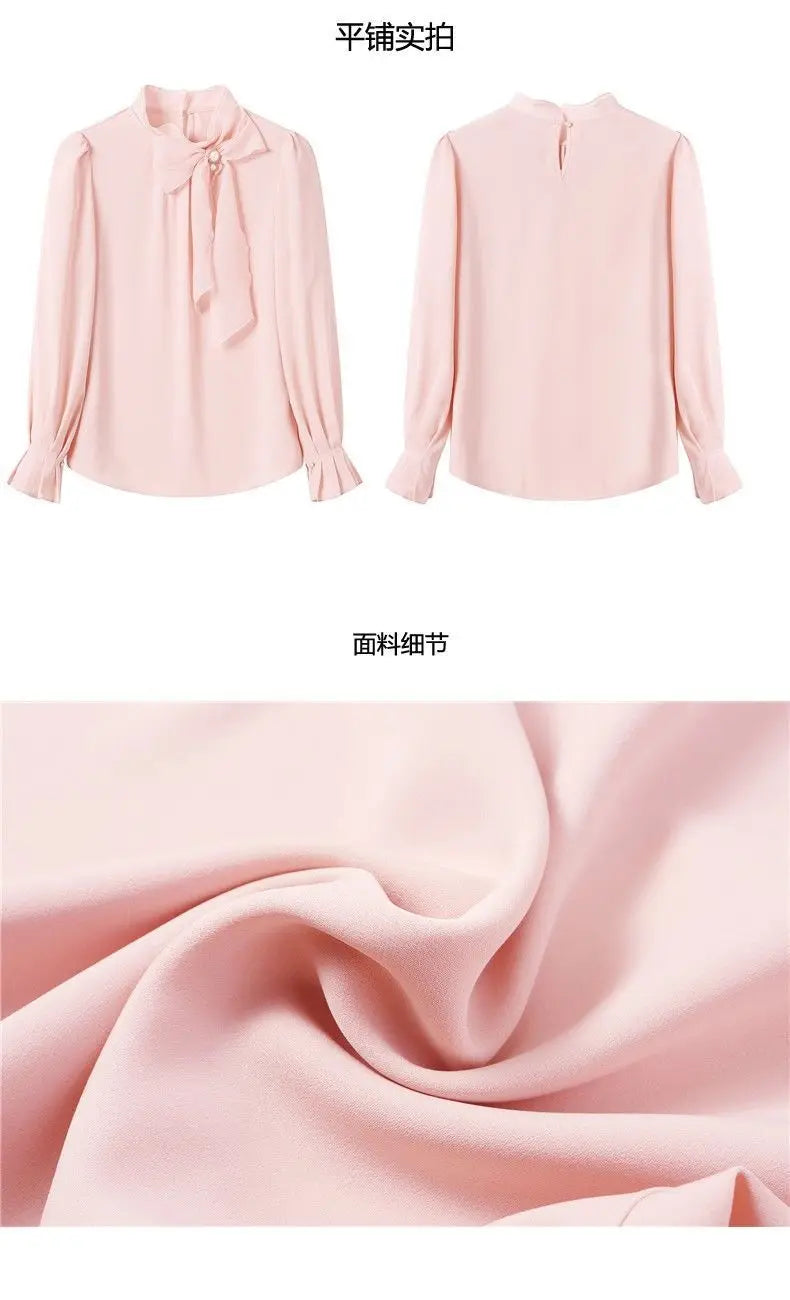 Women's Clothing Commute Stand Collar Bow Blouse Basic Solid Color Spring New Fashion Three-dimensional Decoration Ruffles Shirt