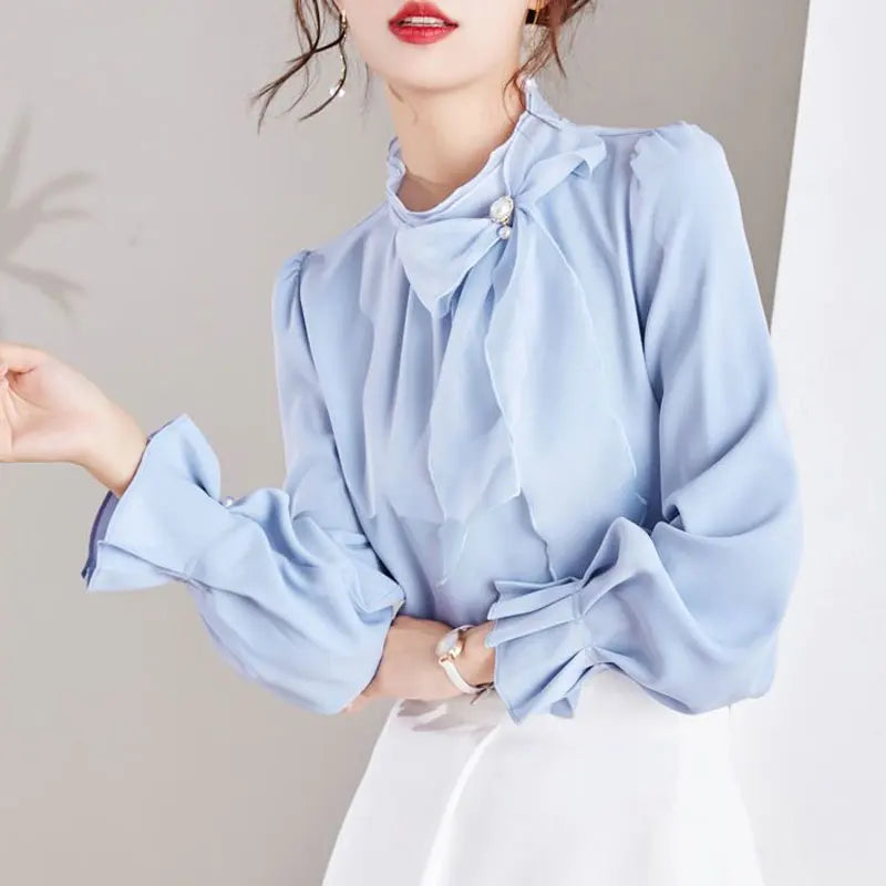 Women's Clothing Commute Stand Collar Bow Blouse Basic Solid Color Spring New Fashion Three-dimensional Decoration Ruffles Shirt