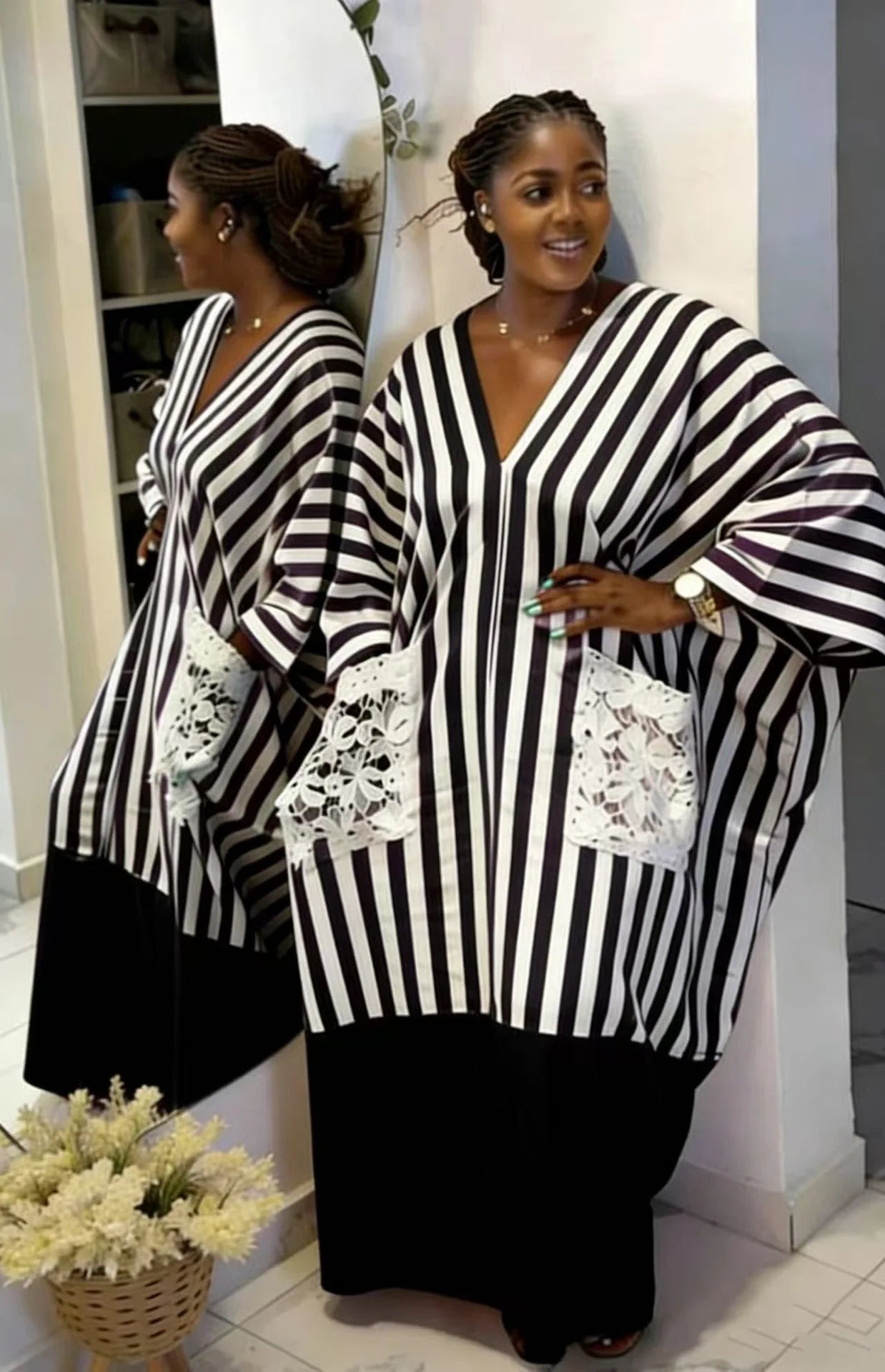 Women's clothing 2026 autumn new style sweet and fresh striped V-neck batsleeves loose large-size dress long dress