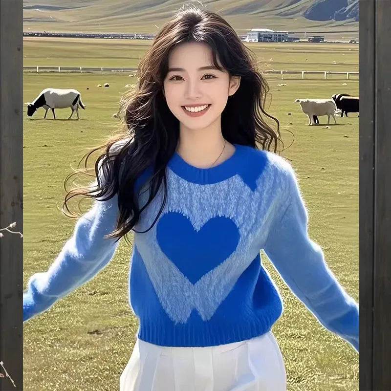 Women's Clothing Casual Blue Love Sweaters Autumn/winter New Long Sleeve Loose Gentle Pullover Lady O-neck All-match Fashion Top