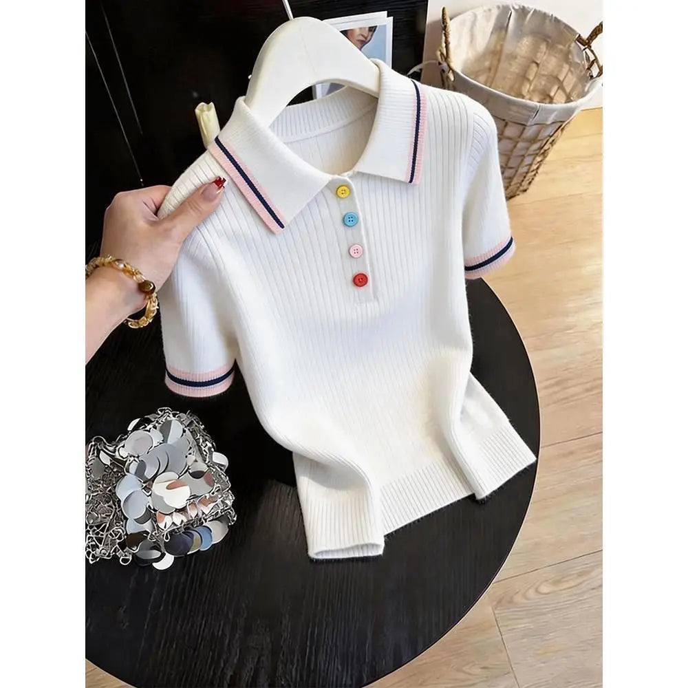 Women Clothing Fashion All-match Turn-down Collar Button T-shirt Summer New Elegant Solid Patchwork Short Sleeve Tops Lady Tunic