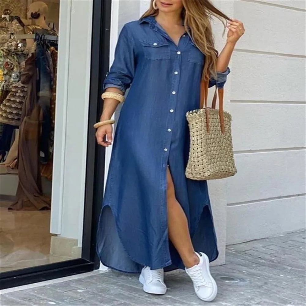 Women Dresses Fashion Sexy Single-breasted Dress Loose Lapel Casual Women's Clothing  Literary Printing Long Shirt Skirt