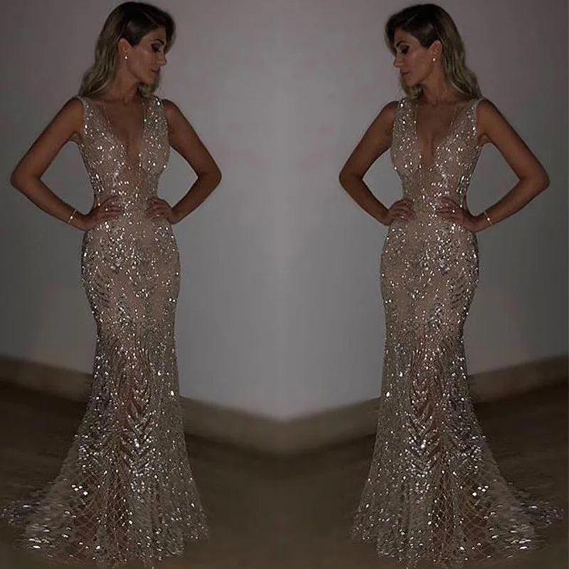 Female Clothing 2025 Annual Meeting Evening Dress Women's Long Sleeveless Sexy Deep V Neck Sequined Women Elegant Party Dresses