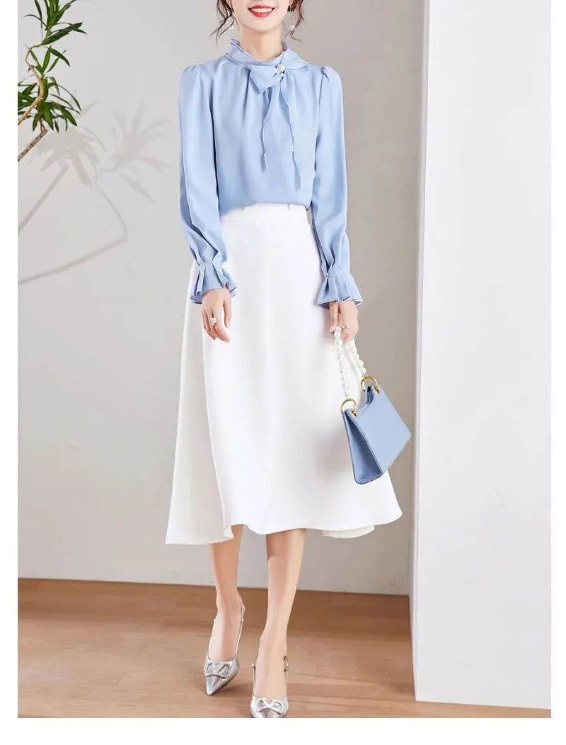 Women's Clothing Commute Stand Collar Bow Blouse Basic Solid Color Spring New Fashion Three-dimensional Decoration Ruffles Shirt