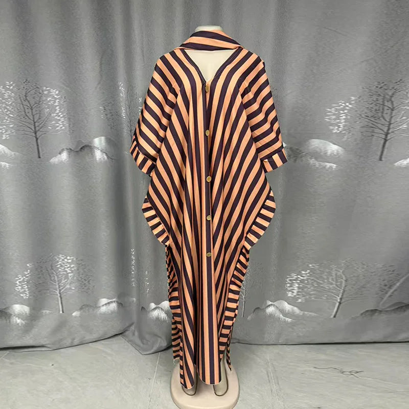 Women's clothing 2026 autumn new style sweet and fresh striped V-neck batsleeves loose large-size dress long dress