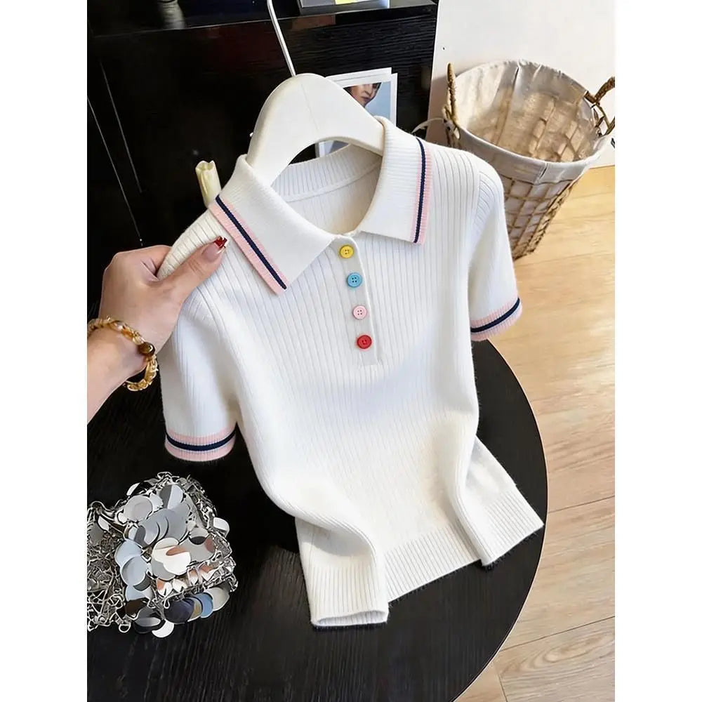 Women Clothing Fashion All-match Turn-down Collar Button T-shirt Summer New Elegant Solid Patchwork Short Sleeve Tops Lady Tunic