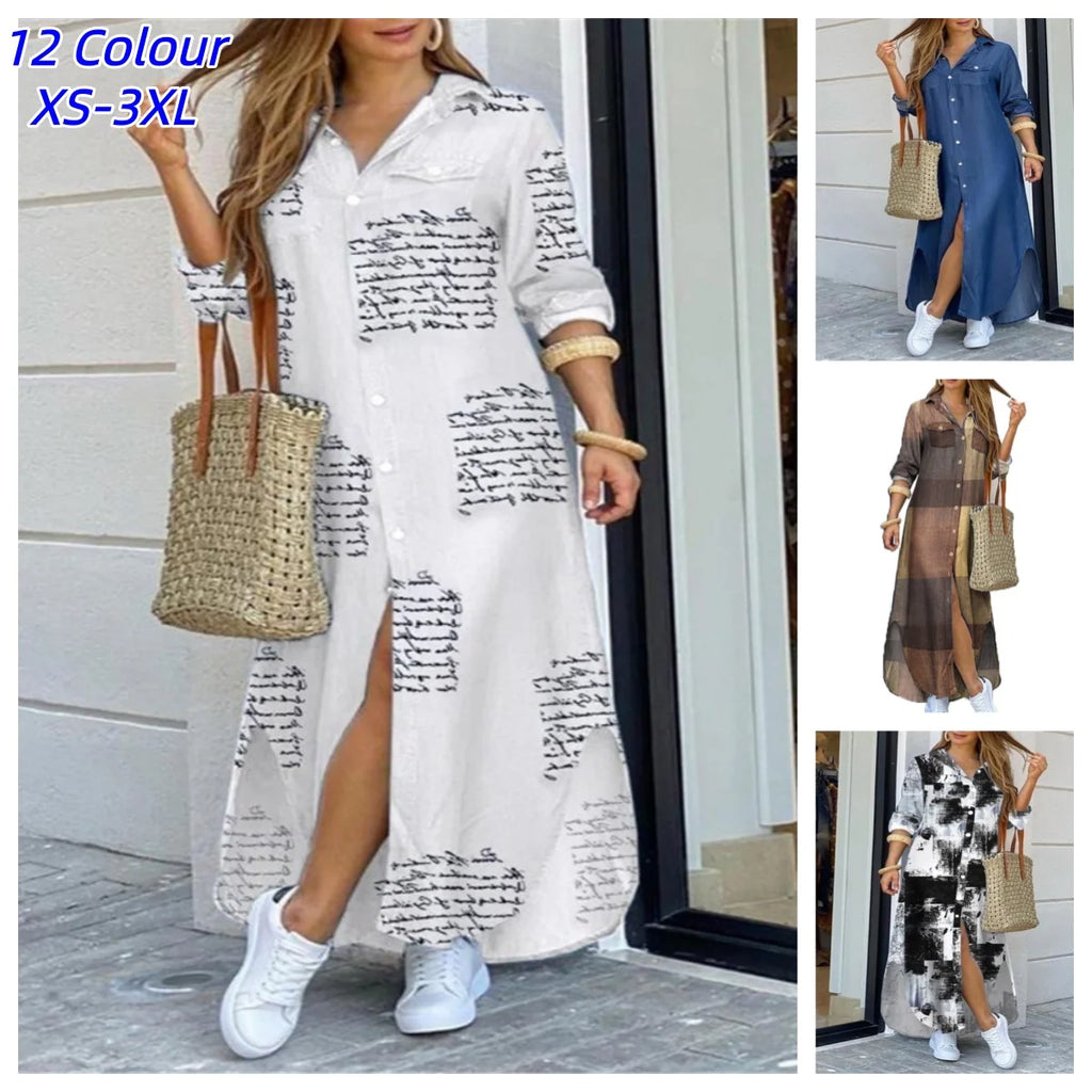 Women Dresses Fashion Sexy Single-breasted Dress Loose Lapel Casual Women's Clothing  Literary Printing Long Shirt Skirt