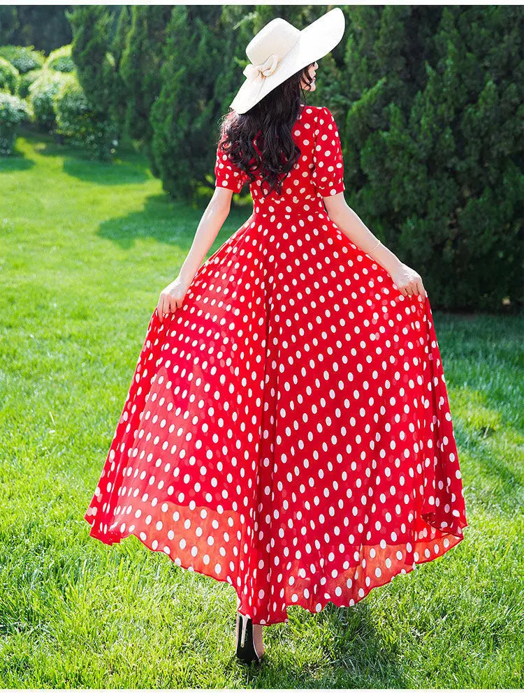 Women's Clothing Red Polka Dot  Summer Dress New Vacation Bohemian Beach Chiffon Long Dresses Female Vestidos Elegant Lady Dress