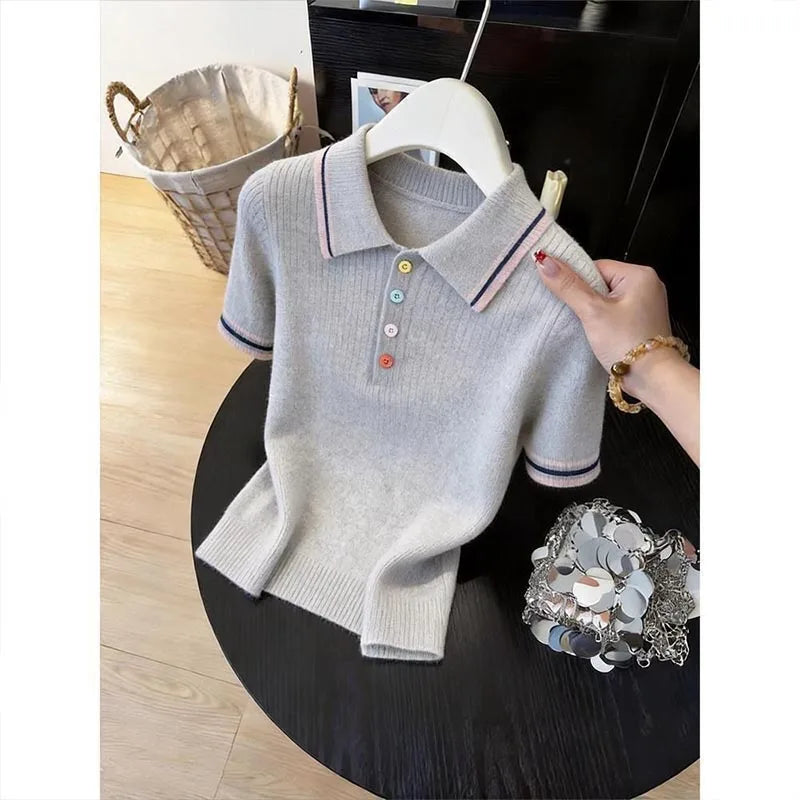 Women Clothing Fashion All-match Turn-down Collar Button T-shirt Summer New Elegant Solid Patchwork Short Sleeve Tops Lady Tunic