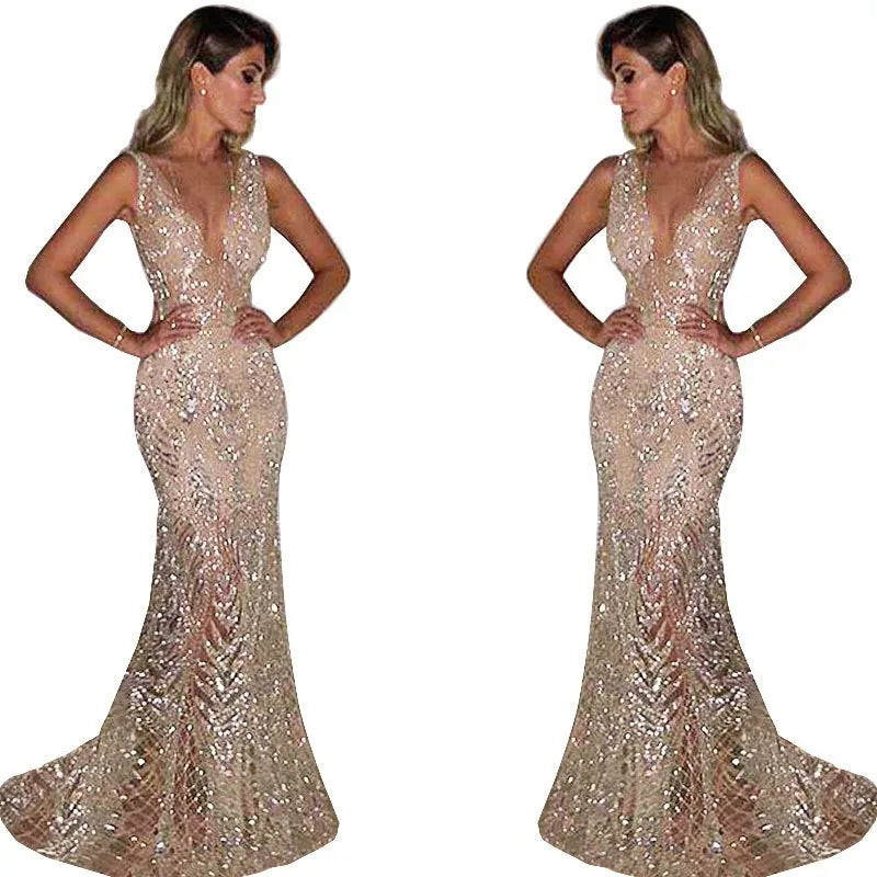 Female Clothing 2025 Annual Meeting Evening Dress Women's Long Sleeveless Sexy Deep V Neck Sequined Women Elegant Party Dresses