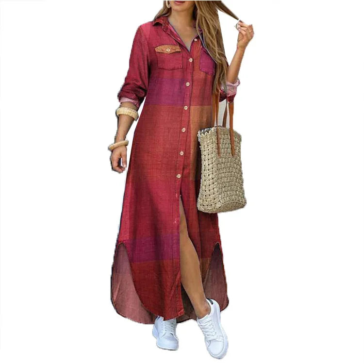 Women Dresses Fashion Sexy Single-breasted Dress Loose Lapel Casual Women's Clothing  Literary Printing Long Shirt Skirt