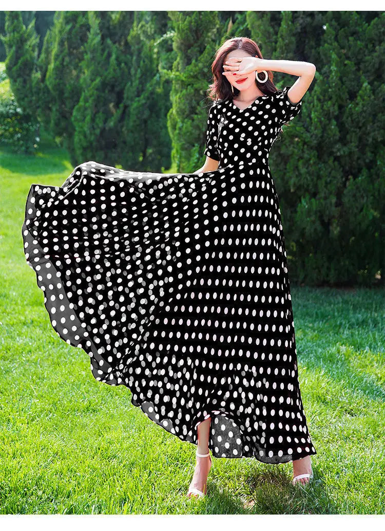 Women's Clothing Red Polka Dot  Summer Dress New Vacation Bohemian Beach Chiffon Long Dresses Female Vestidos Elegant Lady Dress