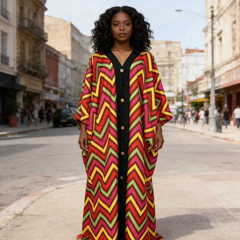 Women's clothing 2026 autumn new style sweet and fresh striped V-neck batsleeves loose large-size dress long dress
