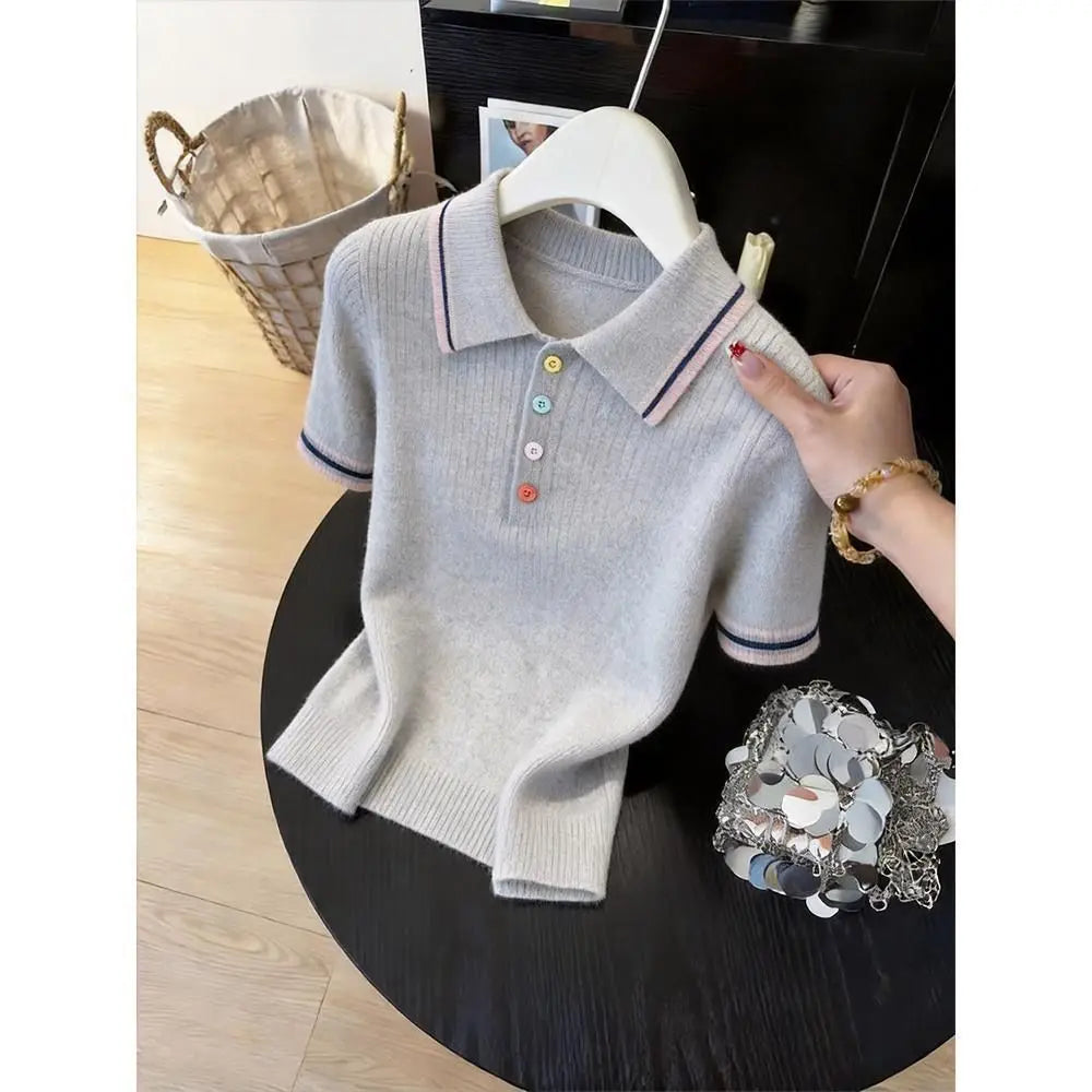 Women Clothing Fashion All-match Turn-down Collar Button T-shirt Summer New Elegant Solid Patchwork Short Sleeve Tops Lady Tunic
