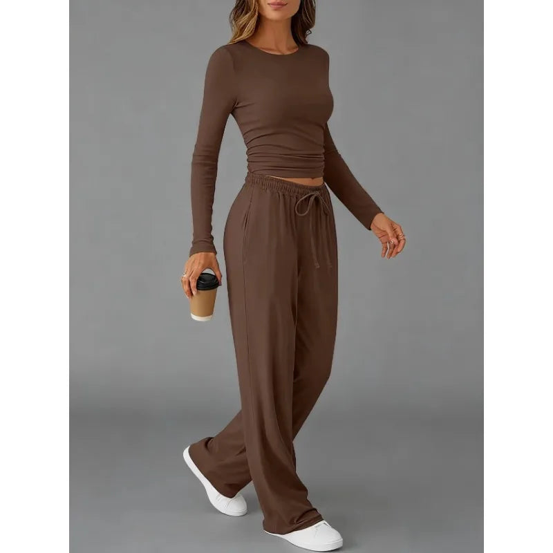 Women's Clothing European American Fashion Casual Sports Autumn Winter Solid Color Drawstring Long-sleeved Suit Pant Sets