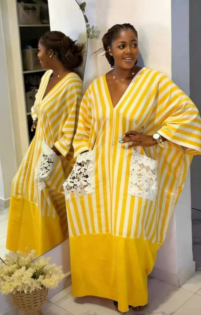 Women's clothing 2026 autumn new style sweet and fresh striped V-neck batsleeves loose large-size dress long dress