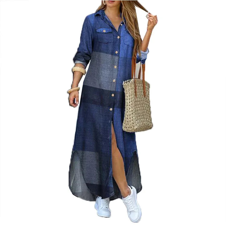 Women Dresses Fashion Sexy Single-breasted Dress Loose Lapel Casual Women's Clothing  Literary Printing Long Shirt Skirt