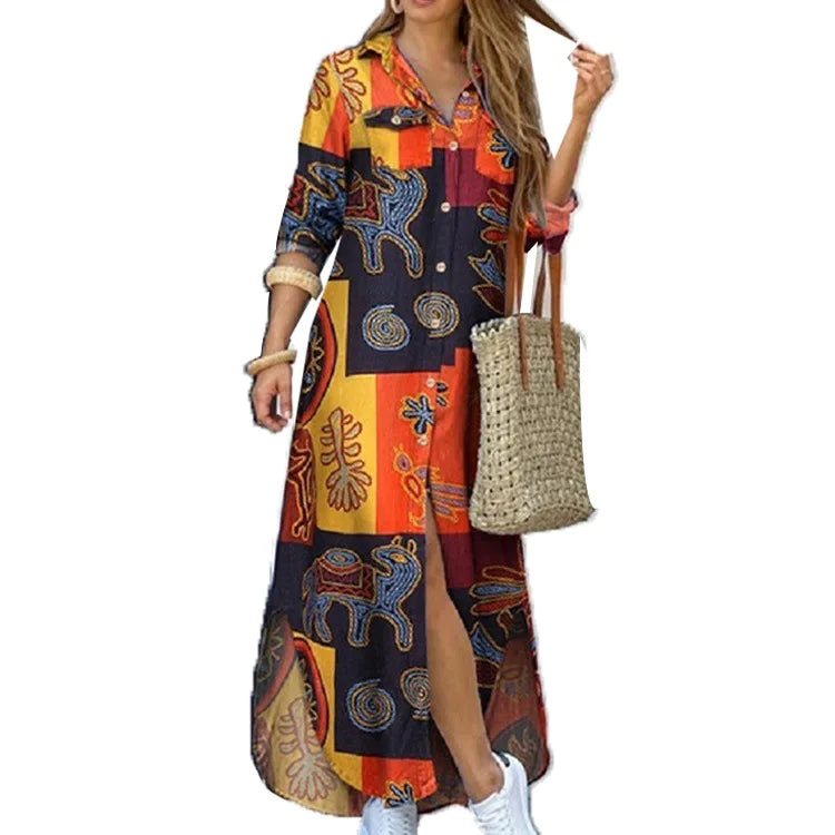 Women Dresses Fashion Sexy Single-breasted Dress Loose Lapel Casual Women's Clothing  Literary Printing Long Shirt Skirt