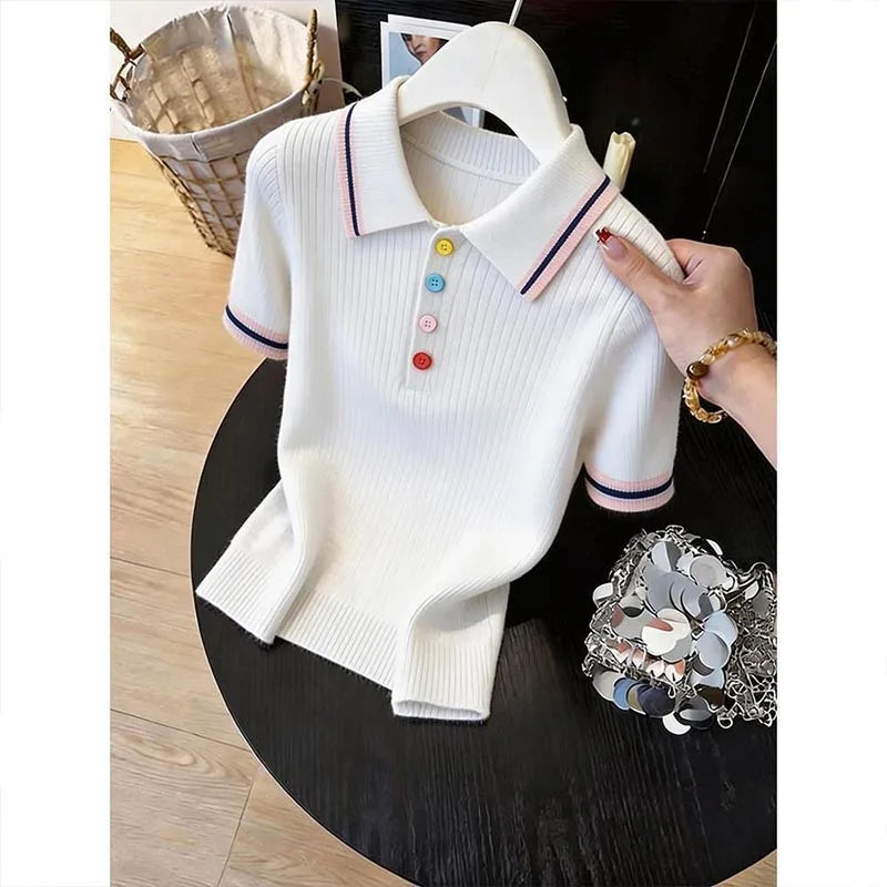 Women Clothing Fashion All-match Turn-down Collar Button T-shirt Summer New Elegant Solid Patchwork Short Sleeve Tops Lady Tunic