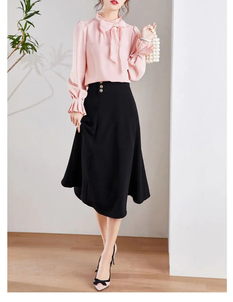 Women's Clothing Commute Stand Collar Bow Blouse Basic Solid Color Spring New Fashion Three-dimensional Decoration Ruffles Shirt