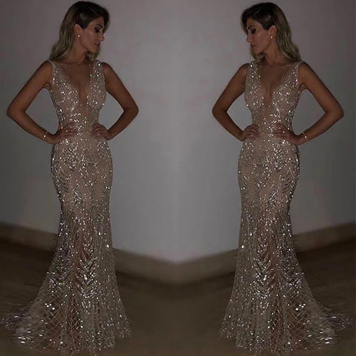 Female Clothing 2025 Annual Meeting Evening Dress Women's Long Sleeveless Sexy Deep V Neck Sequined Women Elegant Party Dresses