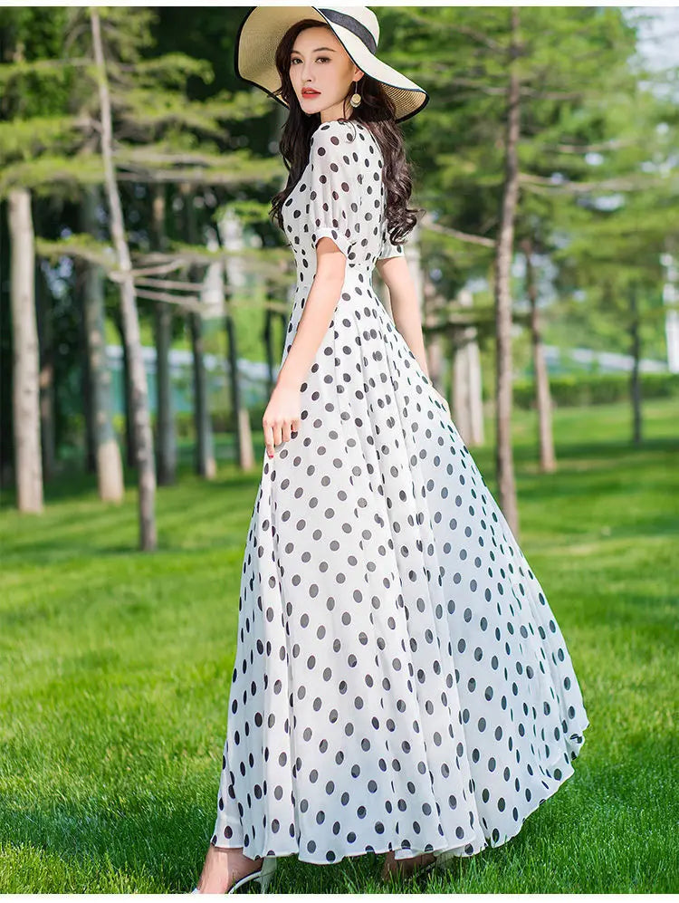 Women's Clothing Red Polka Dot  Summer Dress New Vacation Bohemian Beach Chiffon Long Dresses Female Vestidos Elegant Lady Dress