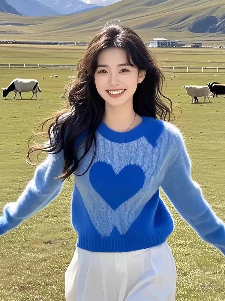 Women's Clothing Casual Blue Love Sweaters Autumn/winter New Long Sleeve Loose Gentle Pullover Lady O-neck All-match Fashion Top