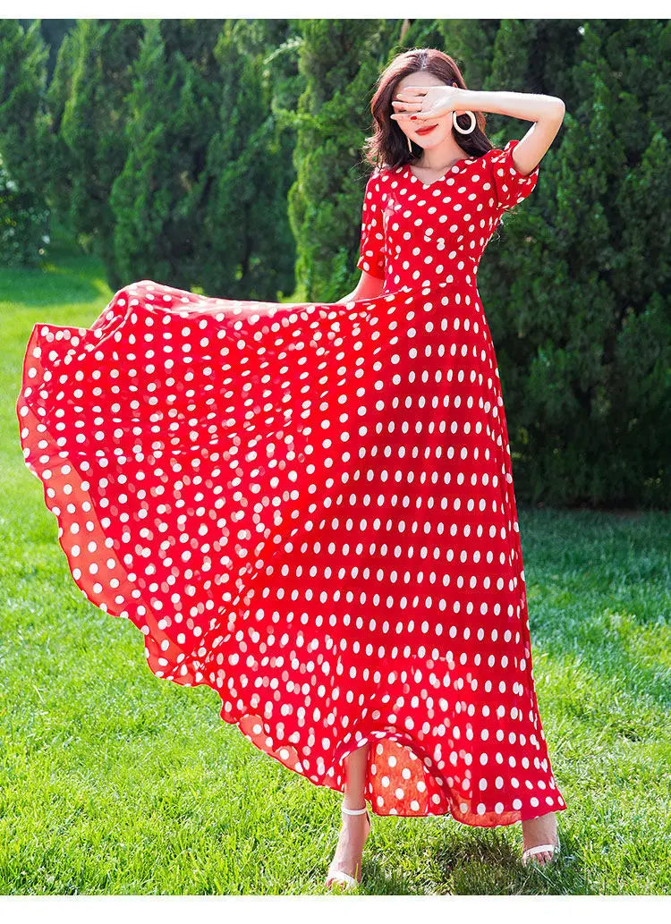 Women's Clothing Red Polka Dot  Summer Dress New Vacation Bohemian Beach Chiffon Long Dresses Female Vestidos Elegant Lady Dress