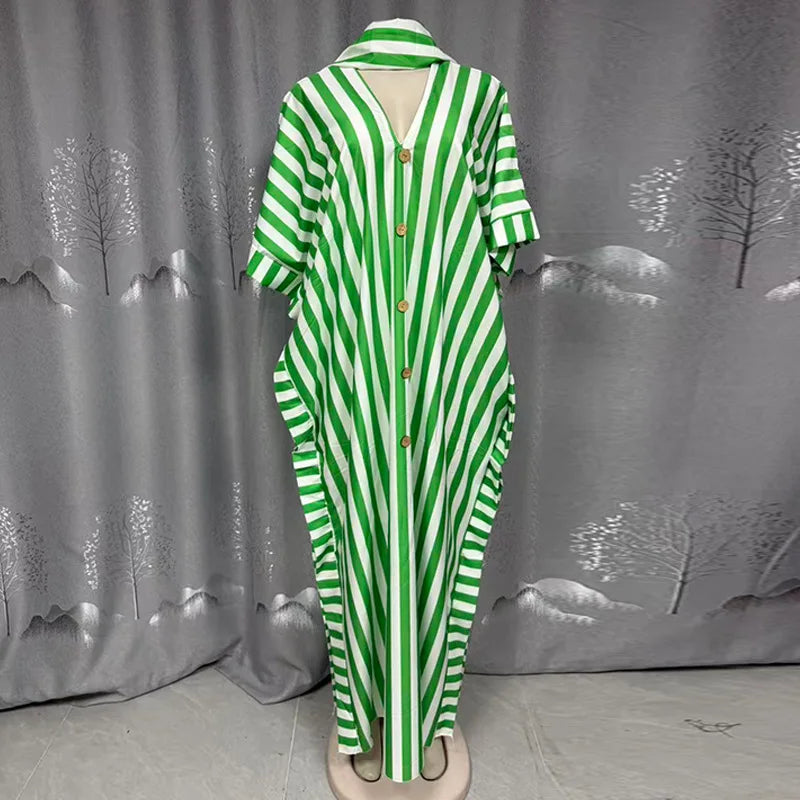 Women's clothing 2026 autumn new style sweet and fresh striped V-neck batsleeves loose large-size dress long dress