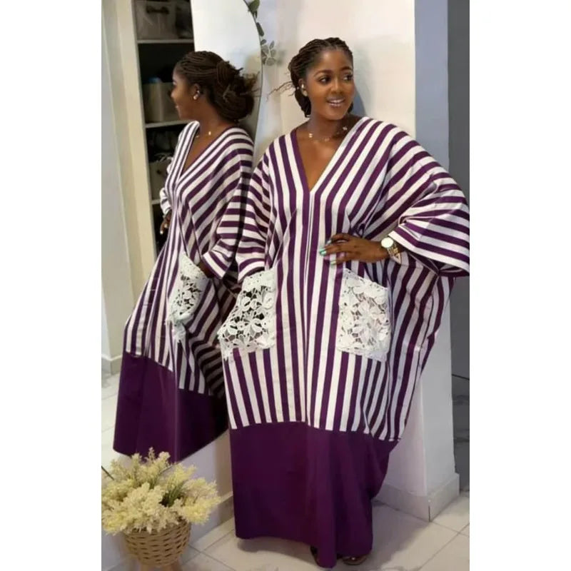 Women's clothing 2026 autumn new style sweet and fresh striped V-neck batsleeves loose large-size dress long dress