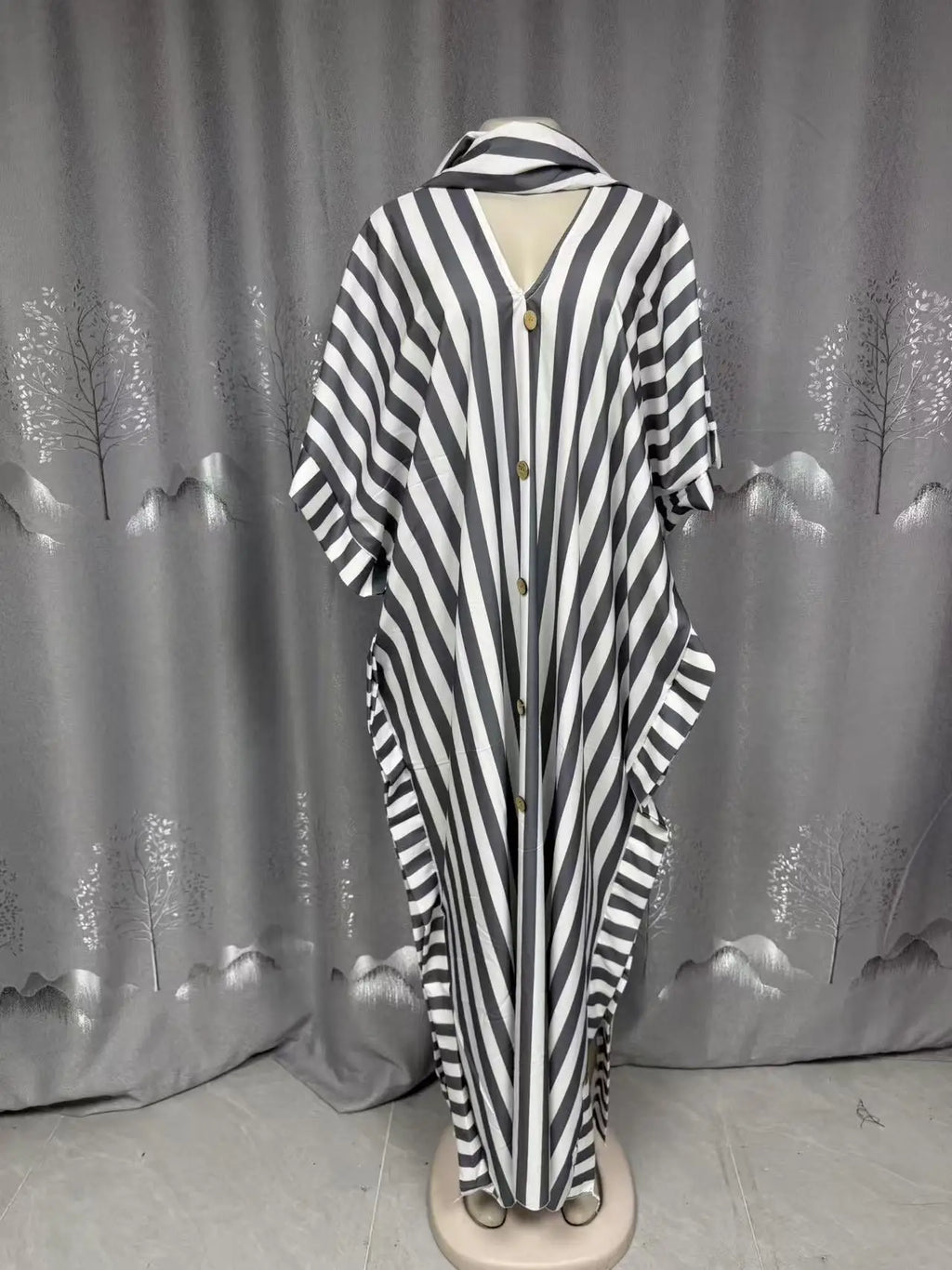 Women's clothing 2026 autumn new style sweet and fresh striped V-neck batsleeves loose large-size dress long dress