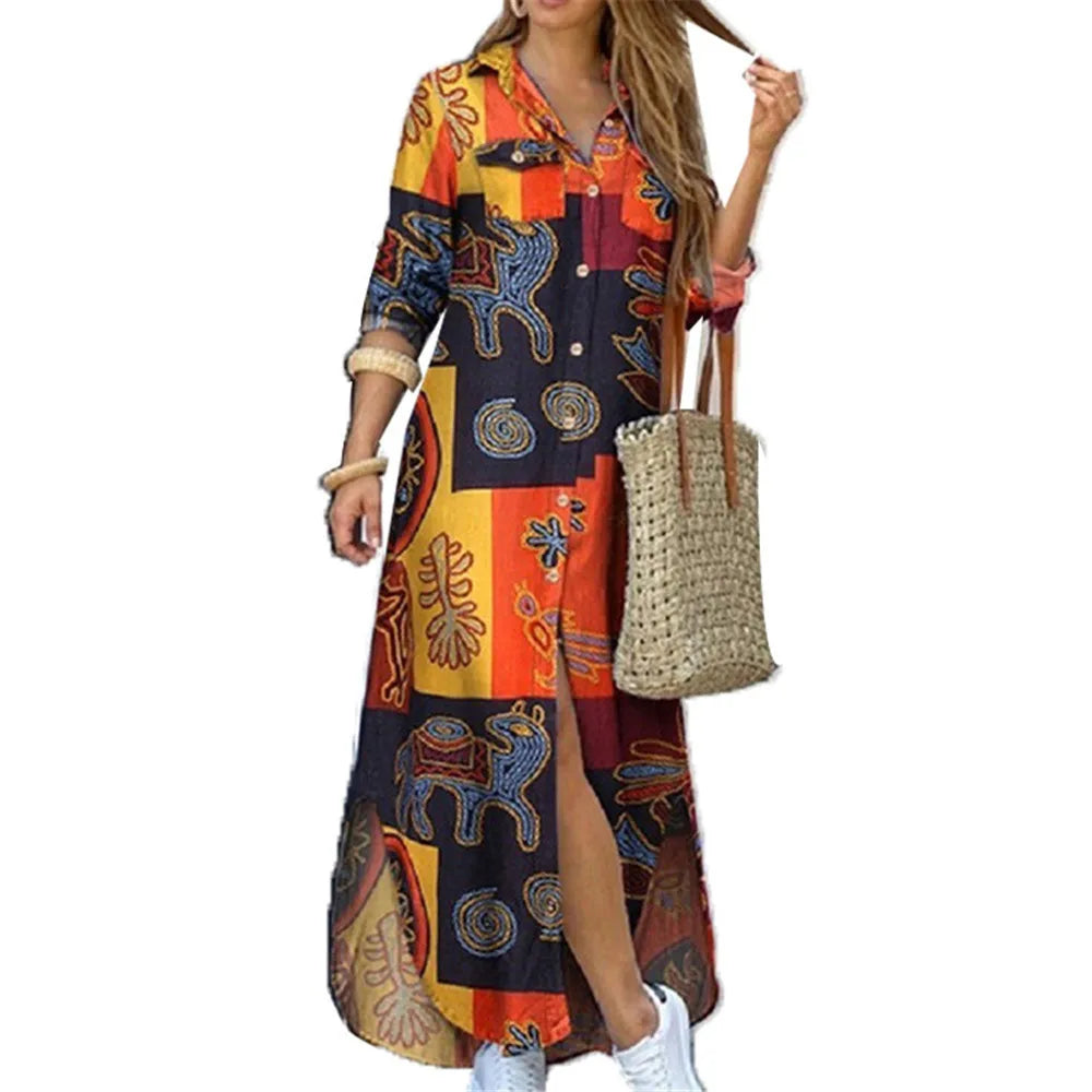 Women Dresses Fashion Sexy Single-breasted Dress Loose Lapel Casual Women's Clothing  Literary Printing Long Shirt Skirt