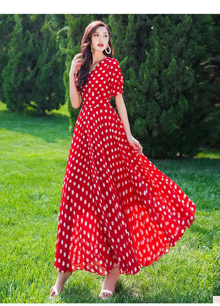 Women's Clothing Red Polka Dot  Summer Dress New Vacation Bohemian Beach Chiffon Long Dresses Female Vestidos Elegant Lady Dress