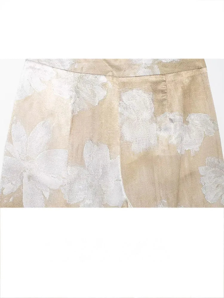 HH Women's Summer Clothing Chic Floral Print Silk Satin Casual Shirt + Retro Zipper Fly Pocket Trousers 2-piece Set