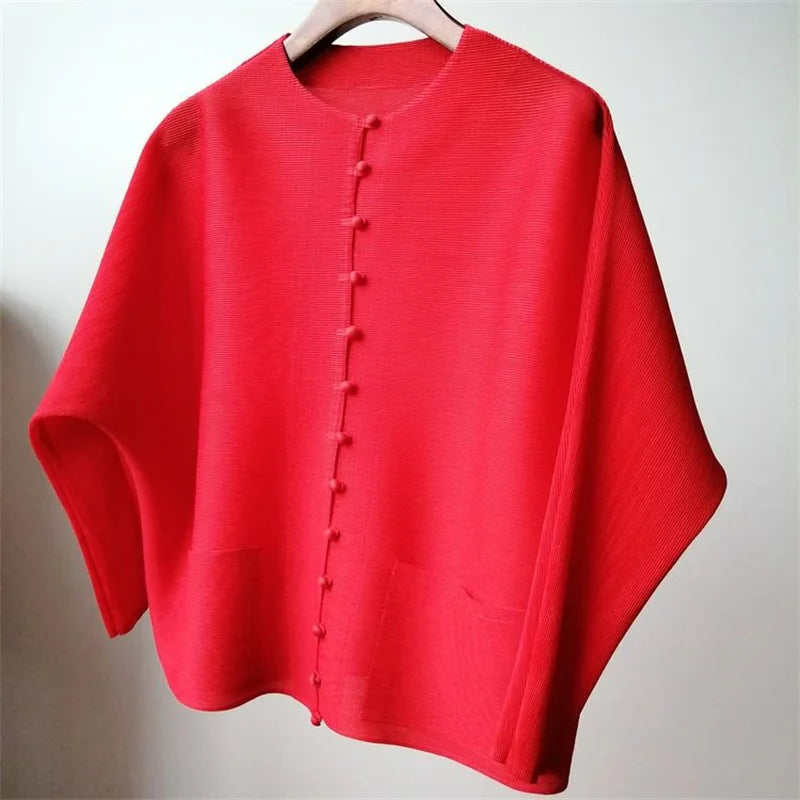 Woman Clothing T-shirt Bat Sleeves Loose and Pleated Small Jacket Women's Single-breasted Pocket Design Pleated Semi-Turtleneck