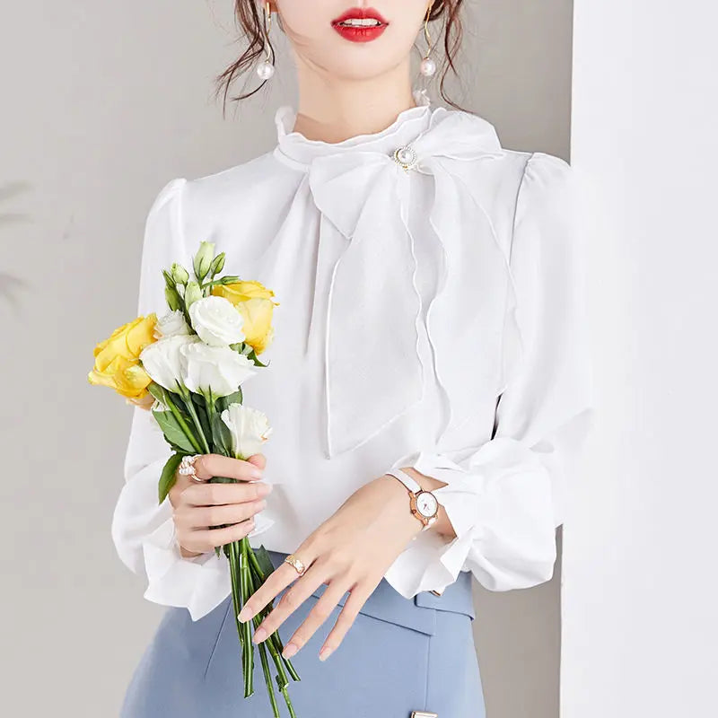 Women's Clothing Commute Stand Collar Bow Blouse Basic Solid Color Spring New Fashion Three-dimensional Decoration Ruffles Shirt