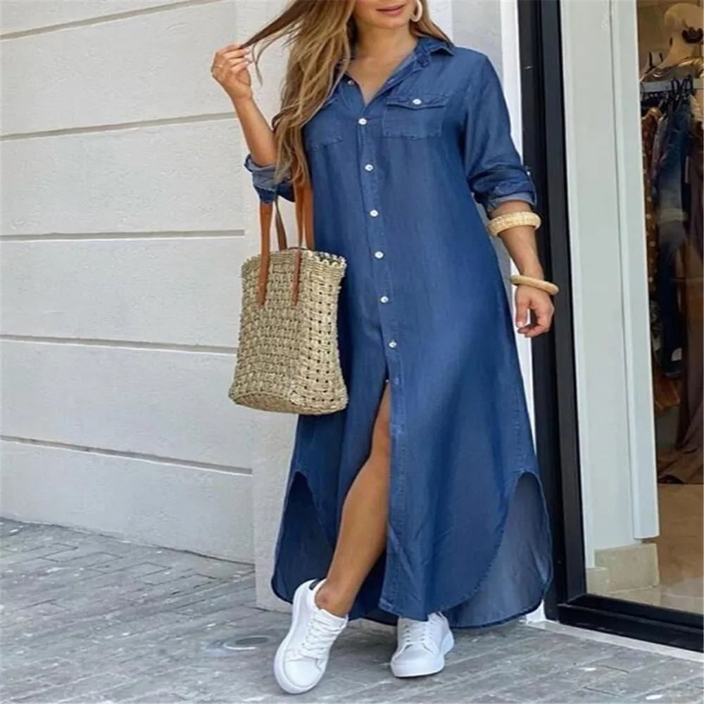 Women Dresses Fashion Sexy Single-breasted Dress Loose Lapel Casual Women's Clothing  Literary Printing Long Shirt Skirt