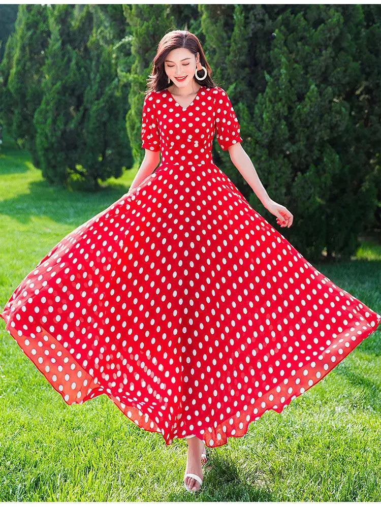 Women's Clothing Red Polka Dot  Summer Dress New Vacation Bohemian Beach Chiffon Long Dresses Female Vestidos Elegant Lady Dress