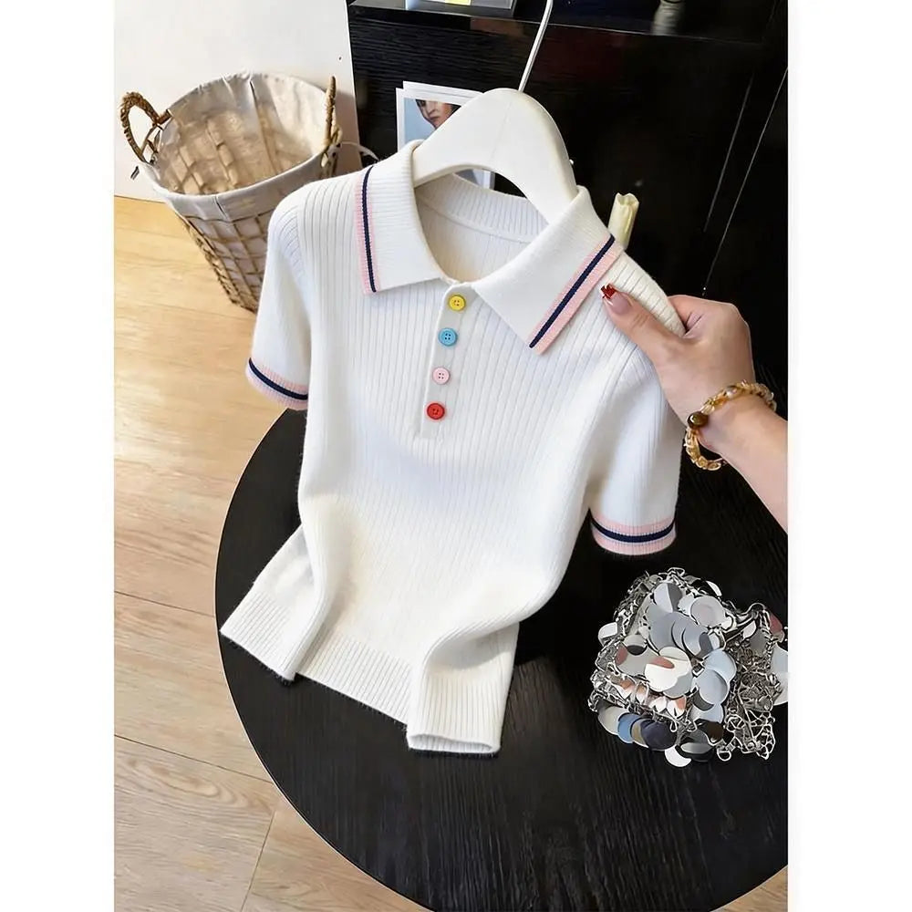 Women Clothing Fashion All-match Turn-down Collar Button T-shirt Summer New Elegant Solid Patchwork Short Sleeve Tops Lady Tunic