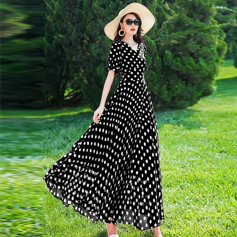 Women's Clothing Red Polka Dot  Summer Dress New Vacation Bohemian Beach Chiffon Long Dresses Female Vestidos Elegant Lady Dress