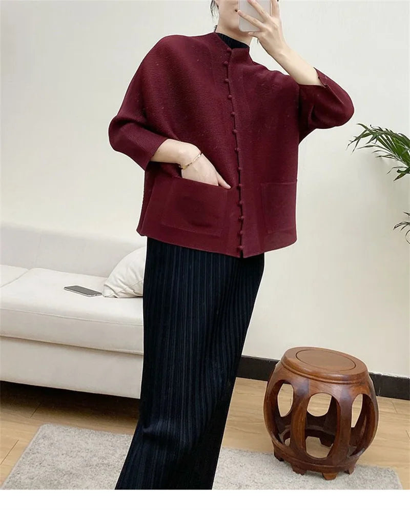 Woman Clothing T-shirt Bat Sleeves Loose and Pleated Small Jacket Women's Single-breasted Pocket Design Pleated Semi-Turtleneck