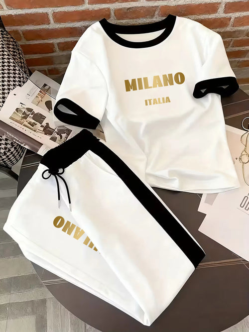 Personalized Prints, Contrasting Color Designs, Women's Suits, Short-Sleeved Tops and Pants for Spring and Summer, Casual Sports Two-Piece Outfits for Women, Suitable for Daily Commuting, Street Strolls, and Campus Outings, W