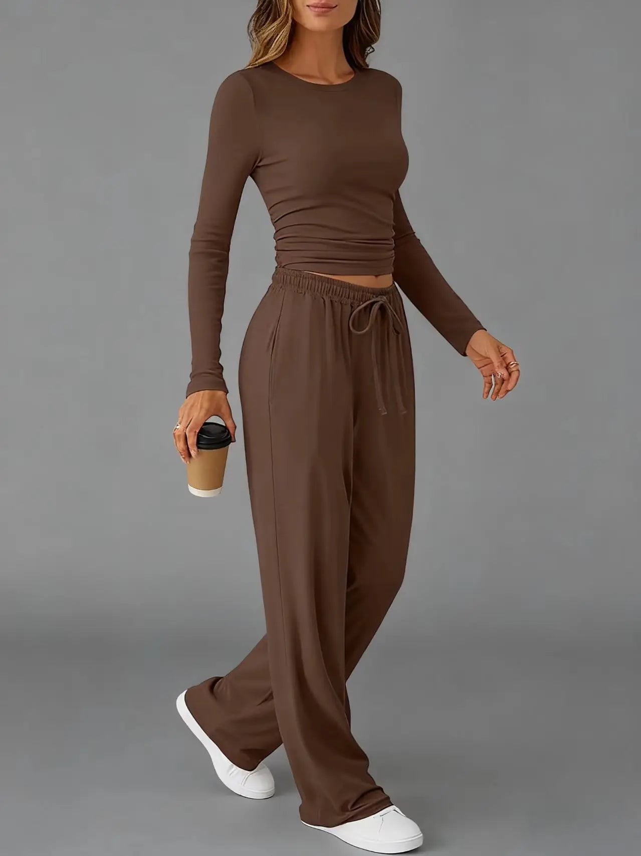 Women's Clothing European American Fashion Casual Sports Autumn Winter Solid Color Drawstring Long-sleeved Suit Pant Sets