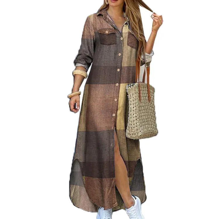 Women Dresses Fashion Sexy Single-breasted Dress Loose Lapel Casual Women's Clothing  Literary Printing Long Shirt Skirt