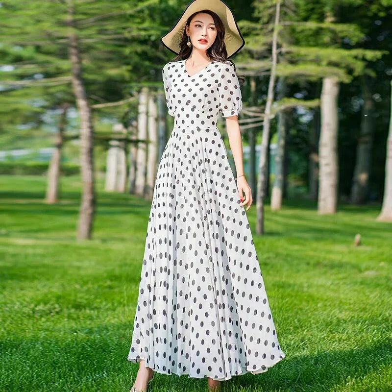 Women's Clothing Red Polka Dot  Summer Dress New Vacation Bohemian Beach Chiffon Long Dresses Female Vestidos Elegant Lady Dress