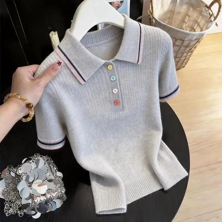 Women Clothing Fashion All-match Turn-down Collar Button T-shirt Summer New Elegant Solid Patchwork Short Sleeve Tops Lady Tunic