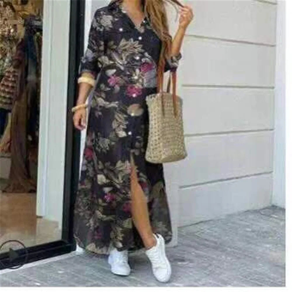 Women Dresses Fashion Sexy Single-breasted Dress Loose Lapel Casual Women's Clothing  Literary Printing Long Shirt Skirt