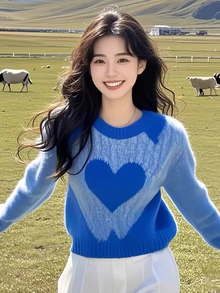 Women's Clothing Casual Blue Love Sweaters Autumn/winter New Long Sleeve Loose Gentle Pullover Lady O-neck All-match Fashion Top