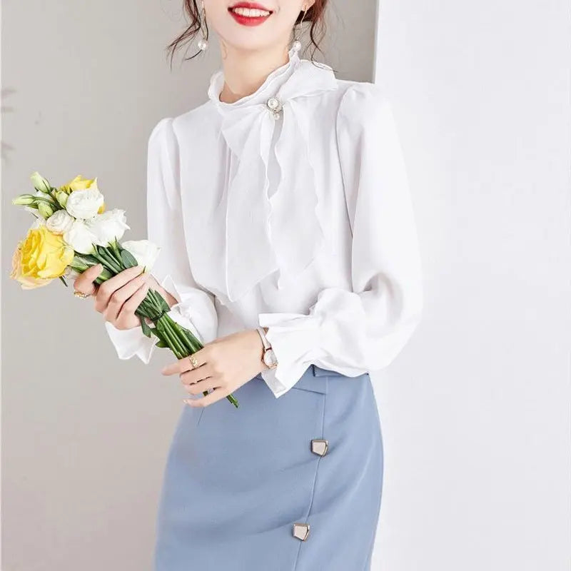 Women's Clothing Commute Stand Collar Bow Blouse Basic Solid Color Spring New Fashion Three-dimensional Decoration Ruffles Shirt