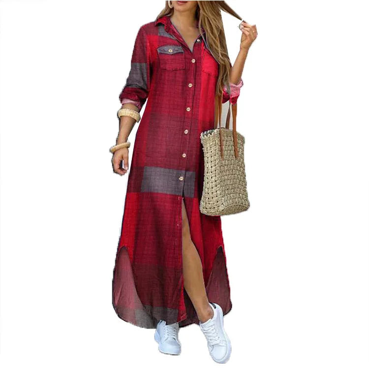 Women Dresses Fashion Sexy Single-breasted Dress Loose Lapel Casual Women's Clothing  Literary Printing Long Shirt Skirt